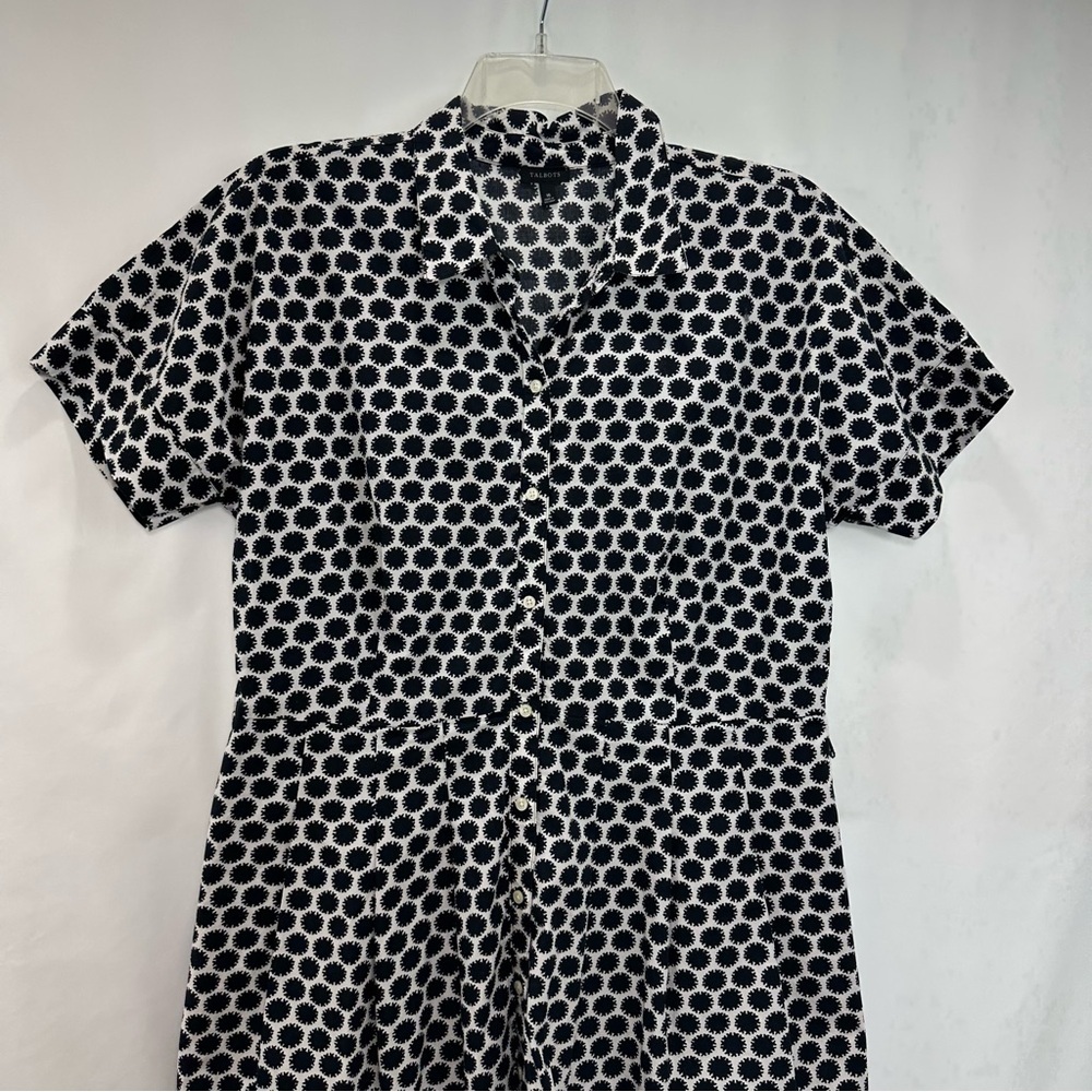 Talbots Shirt Dress Womens 16 Black Ivory Dot Print Short Sleeve Pockets - Picture 3 of 11